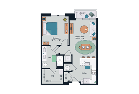 Floor plan for 1 bed, 1 bath, 818 sqft